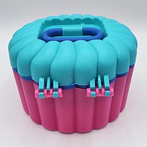 Round Plastic Multi-Colored Jewelry Makeup Case Organizer, Carry Handle, Mirror - Picture 4 of 12